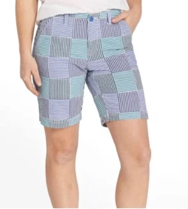 L.L. Bean Madras Seersucker Patchwork Favorite Fit Bermuda Shorts Blue Womens 14 - Picture 1 of 15