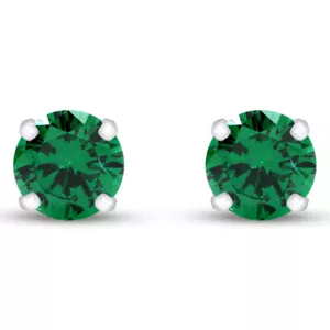 Push Back Stud Earrings Round Cut Simulated Green Emerald 14k White Gold Plated - Picture 1 of 5