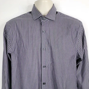 Kenneth Cole Button Front Shirt Mens 32 Purple Gray Stripes Slim Fit Non Iron - Picture 1 of 10