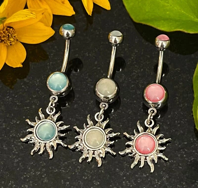1pc Tribal Sun Illuminating Stone Dangle Belly Ring Steel Pierced Navel Naval  - Image 1 of 4