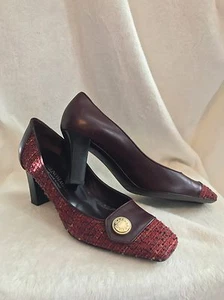 BRUNO MAGLI Burgundy & Red Boule Tweed  shoes Pumps 38.5 (8.5) Gold Buttons - Picture 1 of 12