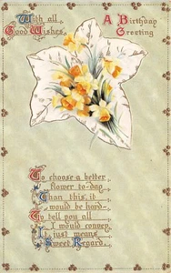 Flores BB London ~ Narcisos en hoja de hiedra blanca ~ Espalda como nueva ~ Hoja de oro en relieve ~ 1912 PC - Imagen 1 de 2