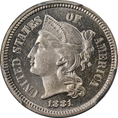 1881 Three (3) Cent Nickel Proof PCGS PR65 Cameo Superb Eye Appeal Strong Str... - Image 1 of 4