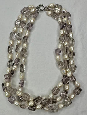 Colar robusto pérola de água doce 3 fios pedras de quartzo cinza fecho prata 16" - Imagem 1 de 4