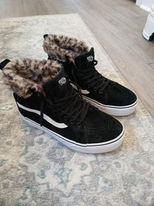 Vans Sk8 Hi Platform Black Suede Leopard Fur Lined Womens 10 EUC Men 8.5 Sneaker - Picture 1 of 9