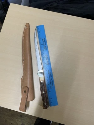Cuchillo de pesca de filete vintage de 12" TÍO HENRY ciervo SHRADE estuche de cuero Foto 1 de 4