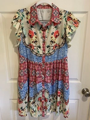 Moda Vestido Manga Corta con Botones Nuevo sin Etiquetas Talla XL X-GRANDE Floral Bolsillos con Volantes Foto 1 de 4