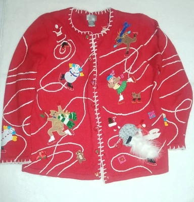 Cárdigan rojo bordado Berek Navidad botón delantero feo suéter para mujer talla L Foto 1 de 4