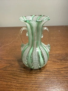 Vtg Murano Venetian Glass Green White Zanfirico Latticino Adventurine Mini Vase - Picture 1 of 7
