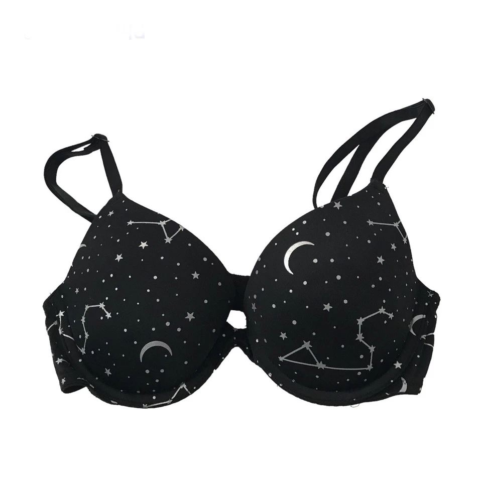 Sujetador Push Up Victoria's Secret ROSA 32B Estrellas Celestiales Plateado Hada Luna Negra Foto 1 de 4