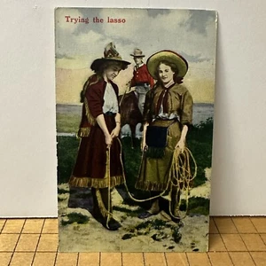 Antique Vintage 1910s Two Cute Cowgirls Trying The Lasso Unposted Cowboy - Picture 1 of 7