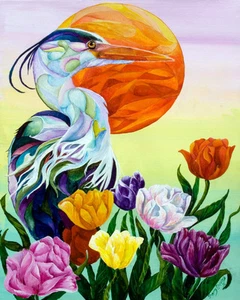 HERON with TULIPS 8x10 print by Artist Sherry Shipley - Picture 1 of 1