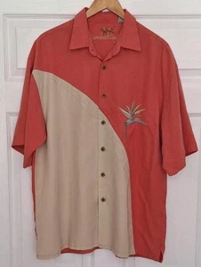 BAMBOO CAY Mens Large Hawaiian Birds Of Paradise Embroidered Salmon Beige Shirt - Picture 1 of 6