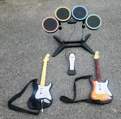 Playstation PS3 PS4 PS2 Rock Band Bundle Guitar Hero Drums, 2 X Guitar Sunburst  - Image 1 of 4
