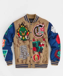 Chaqueta Universitaria Reason Paper Chaser Academy Chenille Parcheada Caqui Talla Mediana - Imagen 1 de 6