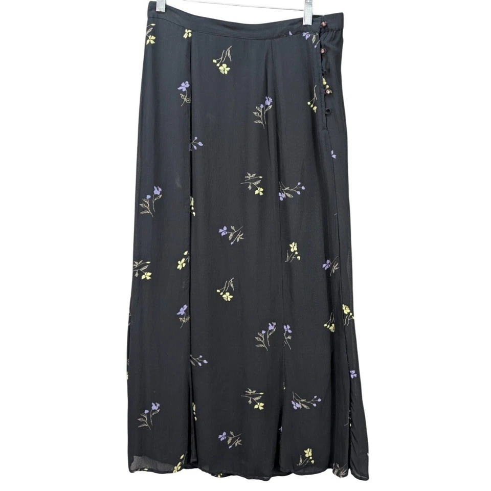 Putumayo Floral Midi Skirt Black Whimsigoth Pleated Side Buttons Rayon Sz M NWOT - Image 1 of 4