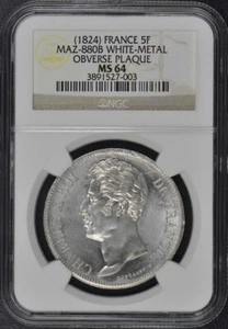1824 ESSAI FRANCE 5F Maz-880B NGC MS64 White Metal Obv. Plaque - Picture 1 of 3
