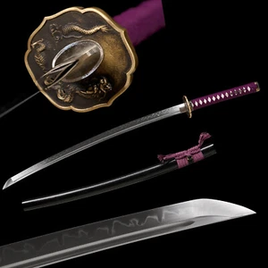 Purple Tsuba Clay Tempered T10 Steel Blade Sharp Japanese Sword Samurai Katana - Picture 1 of 10