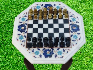 14"x14" Marble White Chess Set Table Top With Leg And Chess King Christmas Gift - Picture 1 of 7