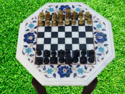 14"x14" Marble White Chess Set Table Top With Leg And Chess King Christmas Gift - Image 1 of 4