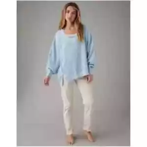 EUC American Eagle Oversized Big Hug Waffle V-Neck Sweatshirt Sz XXL Light Blue - Picture 1 of 8