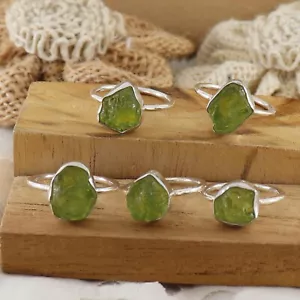 Rough 925 Sterling Silver Natural Peridot Gemstone Ring Women Gift - Picture 1 of 9