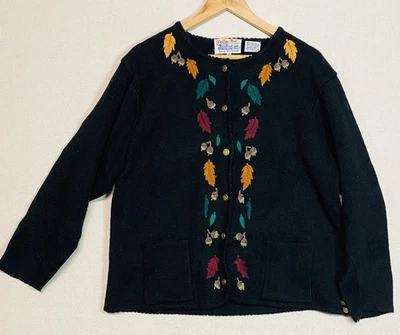 VTG Cardigan Sweater Womens 2XL Navy Tally Ho Embroidered Fall Leaves Grannycore - Image 1 of 4