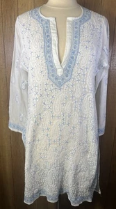 Juliet Dunn (2) weiß & blau bestickt Kaftan Strand Cover Up Tunika Kleid - Bild 1 von 13