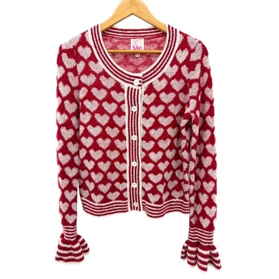 Cárdigan tejido So Me rojo blanco patrón corazón manga larga con volantes puño para mujer M Foto 1 de 4