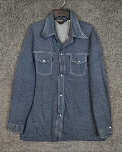 Vintage JC Penney Denim Pearl Snap Shirt Mens Large Blue Button Up Western 1970s - Picture 1 of 15