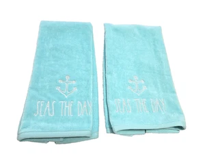 Set of 2 Bathroom Hand Towels 'Seas the Day' Aqua Blue Coastal Decor - Picture 1 of 5