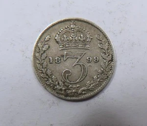 Great Britain Queen Victoria Sterling Silver 3 Pence 1899 Crown above “3” SCARCE - Picture 1 of 2