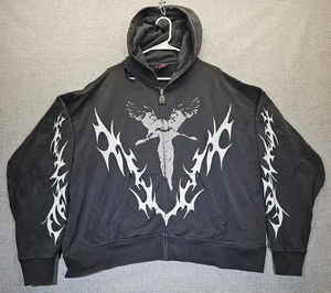 Y2K Vitriol Zip Up Hoodie Men's Size XL Black Distressed Angel Tribal Oversized - Picture 1 of 18