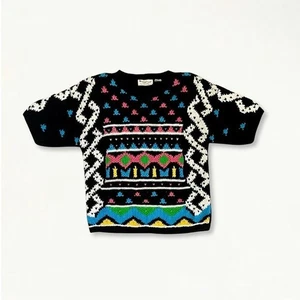 Maglione vintage anni 80 90 colorato geometrico lavorato a mano misto lino borchie - Foto 1 di 11