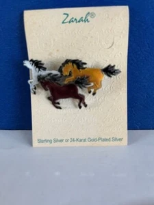 Sterling Silver Running Wild Horses enamel pin 24K gold New on original tag - Picture 1 of 3