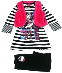 Girls Monster High Draculaura Fangs Fuzzy Pink Vest Shirt Pants Set XL 14/16 - Picture 1 of 4