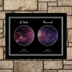Personalisierter 2 Sterne Karte Poster Nachthimmel schwarz Galaxie gerahmter Druck Valentinstag - Bild 1 von 1