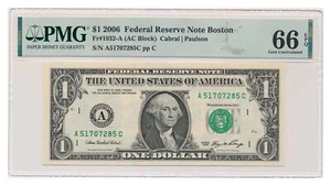 UNITED STATES banknote $1 Boston 2006 PMG MS 66 EPQ Gem Uncirculated - Picture 1 of 7