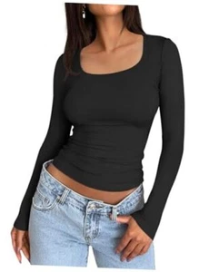 Womens Long Sleeve Shirts Crop Tops Square Neck Going Out Basics Medium Black - Picture 1 of 6