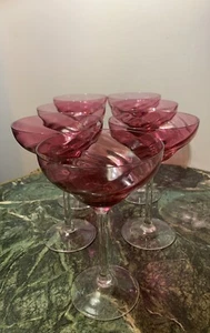 Victorian Cranberry Glass Swirled Stemmed Margarita Glasses Set Of 7 - Picture 1 of 7
