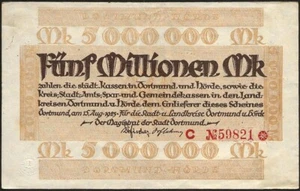 Deutschland - Dortmund und Hörde - 5 Millionen Mark Schein 15.08.1923 ! - Bild 1 von 2