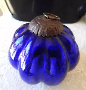 Antique Cobalt Blue Ribbed Glass KUGEL? -Brass Top - Crackle Glass - Picture 1 of 6