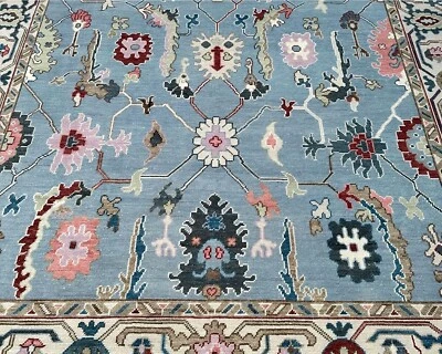 Modern Oushak Hand Knotted Rug 9x12 Blue 100% Wool Floral Carpet for Living Room - Image 1 of 4