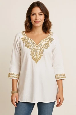 Jaclyn Smith Top Women's 1X White Gold Tunic 3/4  Sleeve Linen Embroidery Boho - Image 1 of 4