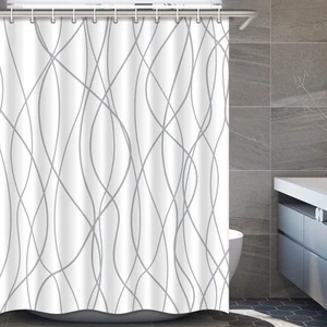 Grey and White Striped Fabric Shower Curtain for Bathroom with 12 Hooks Showe... - Picture 1 of 7
