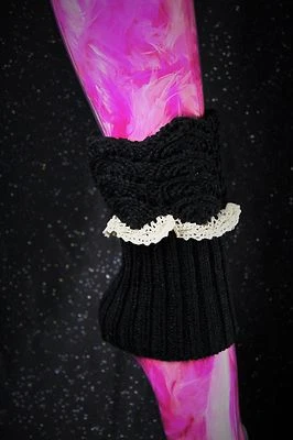 Gothic Scalloped Leg Warmers Boot Toppers Patterned Black W/Ivory Lace Trim  - Image 1 of 4