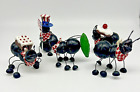 Set Of 5 Picnic Ants Resin Wire Legs Black W/Red Checked Kerchiefs Figurines