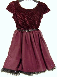 Beautees Girls M Burgundy Velvet/Chiffon Dress Belted Any Occasion/Party - Picture 1 of 6