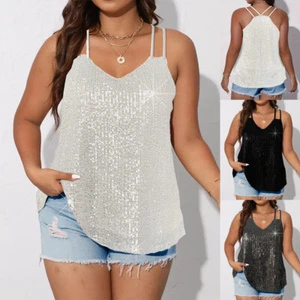 Plus Size Women V Neck Vest Tops Glitter Sequin Christmas Party Shirts Tank Cami - Picture 1 of 21