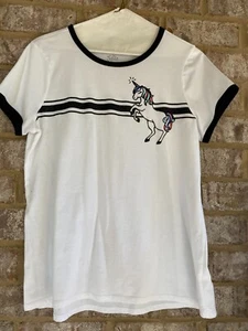 Justice Girls shirt Size 18/20 Unicorn short sleeve white with black stripe - Picture 1 of 6